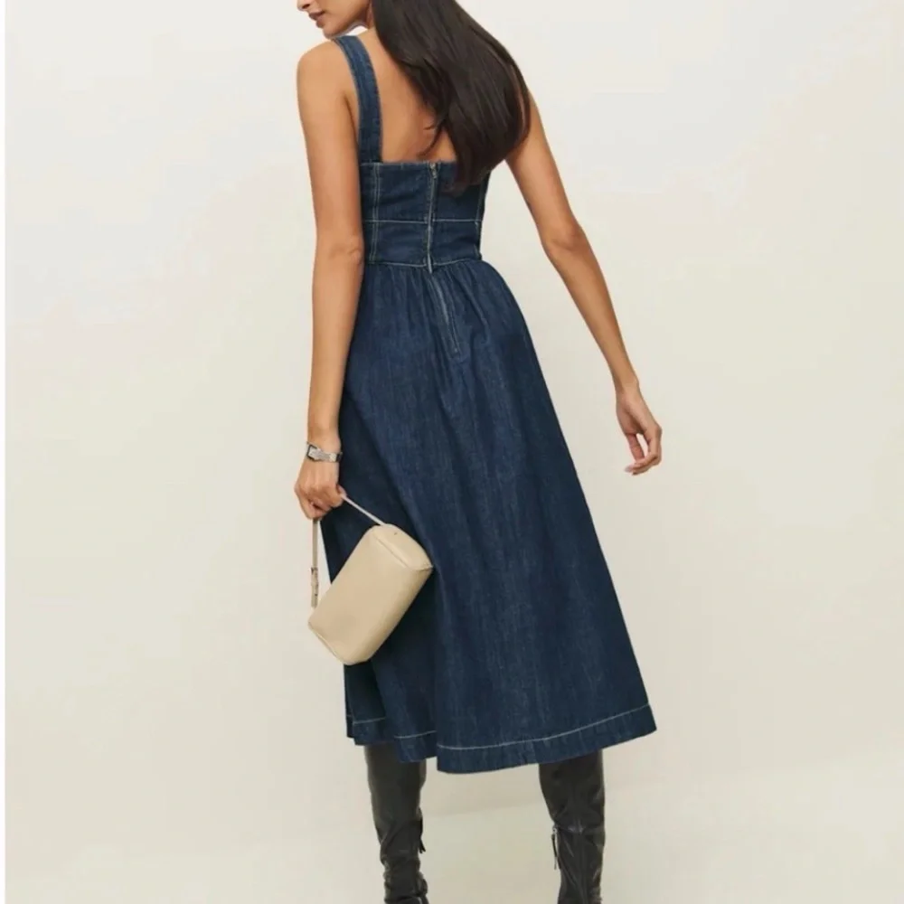 Reformation Tagliatelle Denim Midi Dress Blue Size 6 NEW - Picture 3 of 12